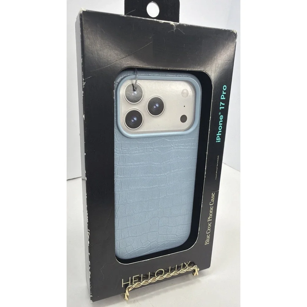 HELLO LUX Blue Croc Phone Case for iPhone 17 Pro Faux Leather Drop Protection
